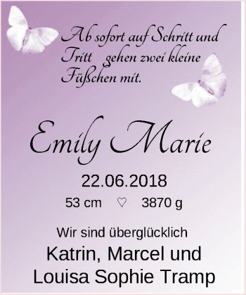 Babyanzeige von Emily Marie Tramp von Nordwest-Zeitung