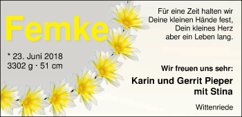 Babyanzeige von Femke  von Nordwest-Zeitung