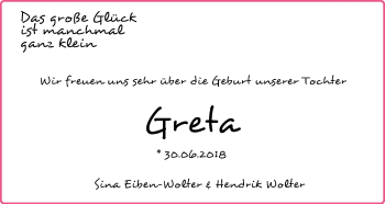 Babyanzeige von Greta Wolter von Nordwest-Zeitung