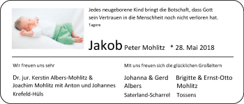Babyanzeige von Jakob Peter Mohlitz von Nordwest-Zeitung
