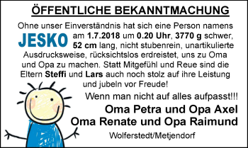 Babyanzeige von Jesko  von Nordwest-Zeitung