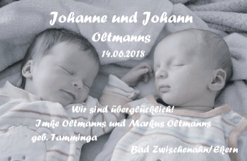 Babyanzeige von Johann und  Johanne Oltmanns von Nordwest-Zeitung