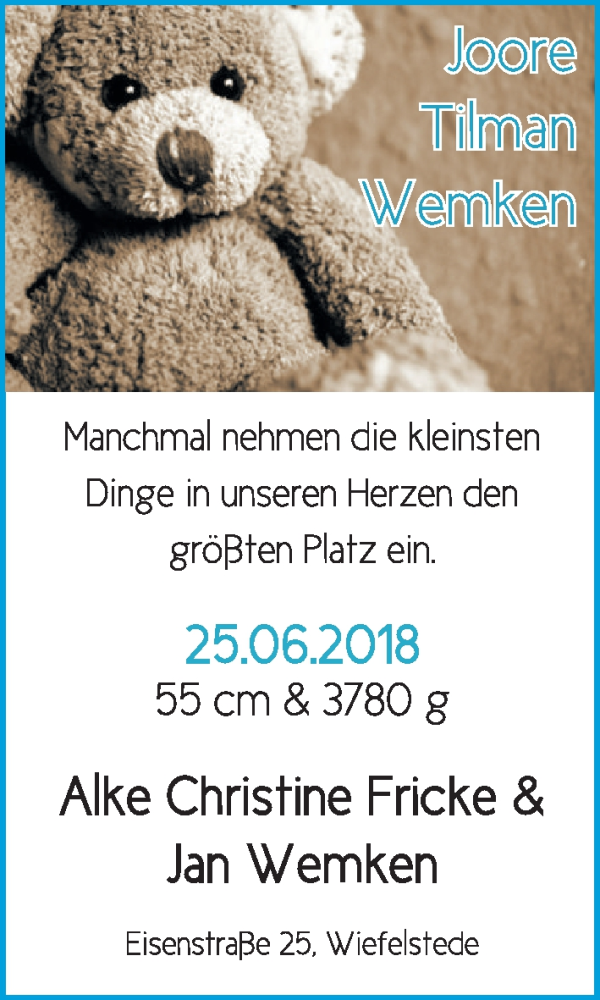 Anzeige für Joore Tilman Wemken vom 21.07.2018 aus Nordwest-Zeitung