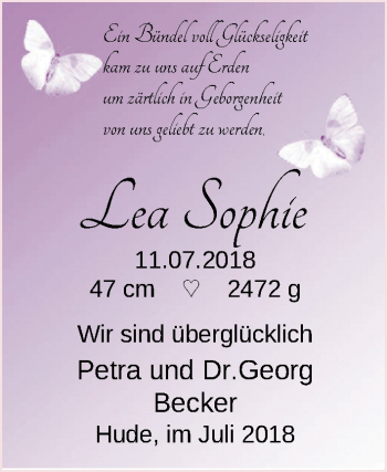 Babyanzeige von Lea Sophie Becker von Nordwest-Zeitung