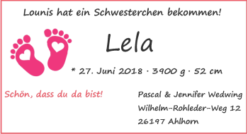 Babyanzeige von Lela Wedwing von Nordwest-Zeitung