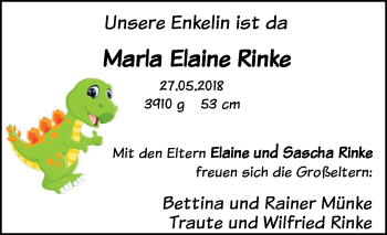 Babyanzeige von Marla Elaine Rinke von Nordwest-Zeitung