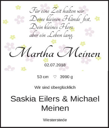Babyanzeige von Martha Meinen von Nordwest-Zeitung
