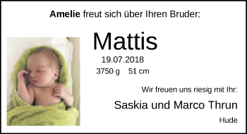 Babyanzeige von Mattis Thrun von Nordwest-Zeitung