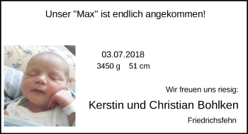 Babyanzeige von Max Bohlken von Nordwest-Zeitung