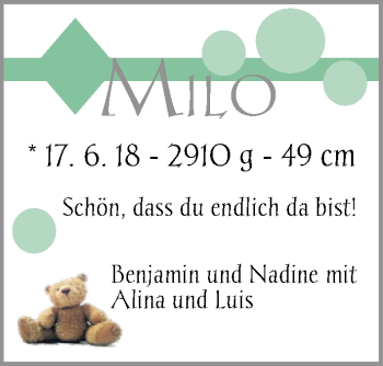 Babyanzeige von Milo  von Nordwest-Zeitung