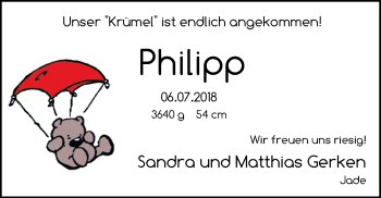 Babyanzeige von Philipp  von Nordwest-Zeitung
