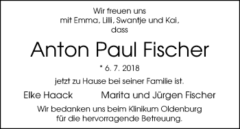 Babyanzeige von Anton Fischer von Nordwest-Zeitung