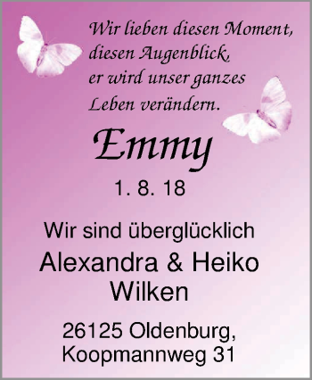 Babyanzeige von Emmy Wilken von Nordwest-Zeitung