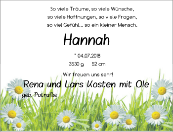 Babyanzeige von Hannah Kosten von Nordwest-Zeitung