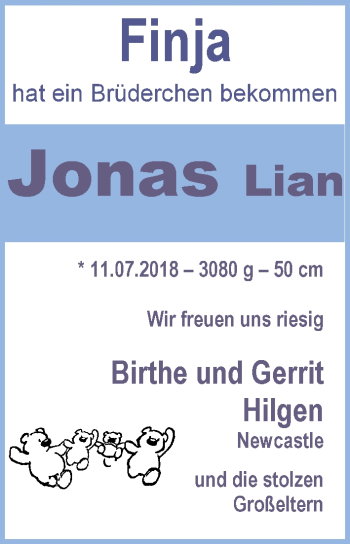 Babyanzeige von Jonas Lian Hilgen von Nordwest-Zeitung