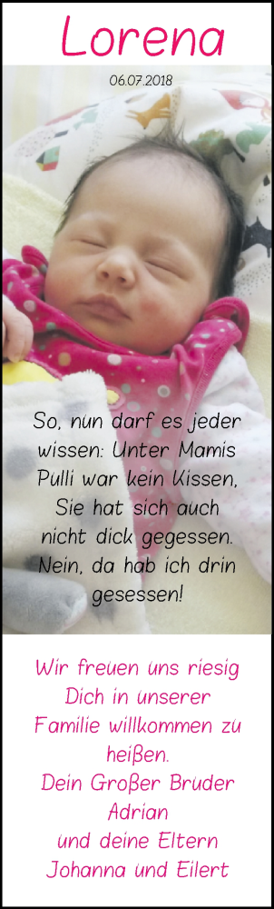 Babyanzeige von Lorena Ohlenbusch von Nordwest-Zeitung
