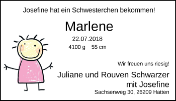 Babyanzeige von Marlene Schwarzer von Nordwest-Zeitung