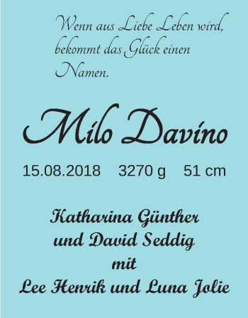 Babyanzeige von Milo Davino von Nordwest-Zeitung