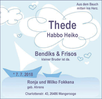 Babyanzeige von Thede Habbo Heiko Fokkena von Nordwest-Zeitung