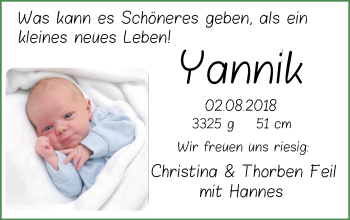 Babyanzeige von Yannik Feil von Nordwest-Zeitung