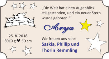 Babyanzeige von Arya  von Nordwest-Zeitung