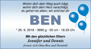 Babyanzeige von Ben  von Nordwest-Zeitung