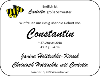 Babyanzeige von Constantin Holitschke von Nordwest-Zeitung
