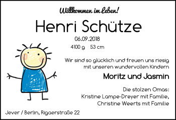Babyanzeige von Henri Schütze von Nordwest-Zeitung