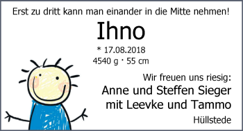 Babyanzeige von Ihno Sieger von Nordwest-Zeitung