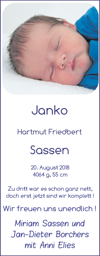 Babyanzeige von Janko Hartmut Friedbert Sassen von Nordwest-Zeitung