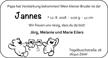 Babyanzeige von Jannes Eilers von Nordwest-Zeitung
