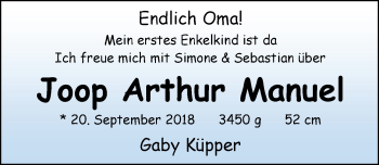 Babyanzeige von Joop Arthur Manuel  von Nordwest-Zeitung