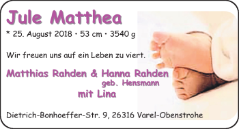 Babyanzeige von Jule Matthea Rahden von Nordwest-Zeitung