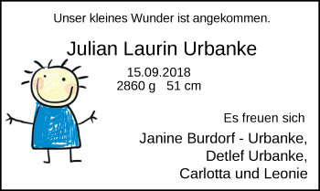 Babyanzeige von Julian Laurin Urbanke von Nordwest-Zeitung