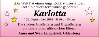 Babyanzeige von Karlotta Langnickel von Nordwest-Zeitung