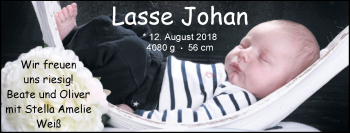 Babyanzeige von Lasse Johan Weiß von Nordwest-Zeitung