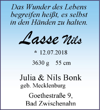Babyanzeige von Lasse Nils Bonk von Nordwest-Zeitung