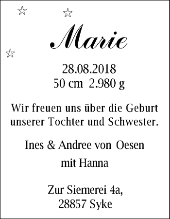 Babyanzeige von Marie von Oesen von Nordwest-Zeitung