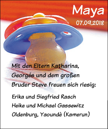 Babyanzeige von Maya Onguene von Nordwest-Zeitung