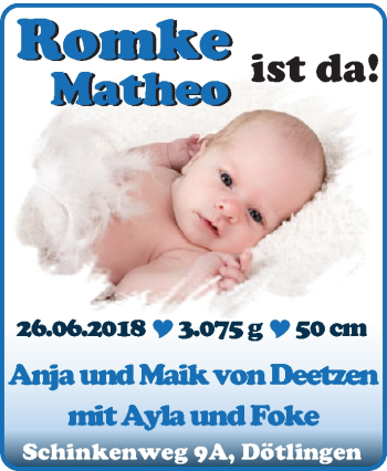 Babyanzeige von Romke Matheo von Deetzen von Nordwest-Zeitung