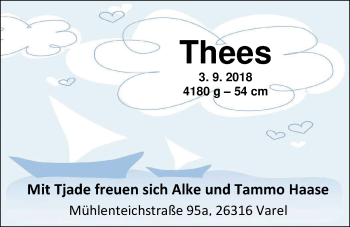 Babyanzeige von Thees Haase von Nordwest-Zeitung