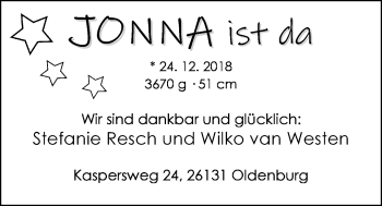 Babyanzeige von Jonna van Westen von Nordwest-Zeitung