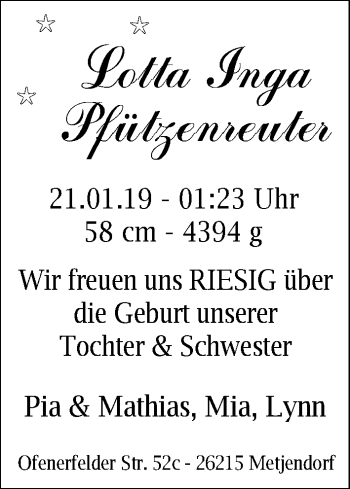 Babyanzeige von Lotta Inga Pfützenreuter von Nordwest-Zeitung