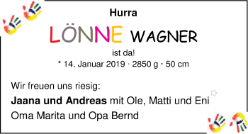Babyanzeige von Lönne Wagner von Nordwest-Zeitung
