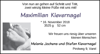 Babyanzeige von Maximilian Kievernagel von Nordwest-Zeitung
