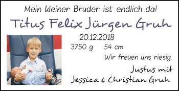 Babyanzeige von Titus Felix Jürgen Gruh von Nordwest-Zeitung