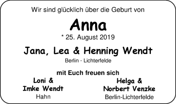 Babyanzeige von Anna Wendt von Nordwest-Zeitung