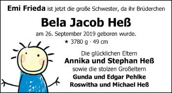 Babyanzeige von Bela Jacob Heß von Nordwest-Zeitung