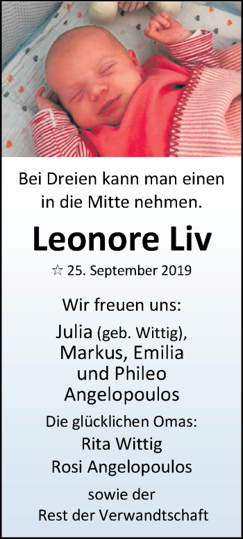 Babyanzeige von Leonore Liv Angelopoulos von Nordwest-Zeitung