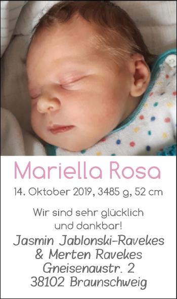 Babyanzeige von Mariella Rosa Ravekes von Nordwest-Zeitung